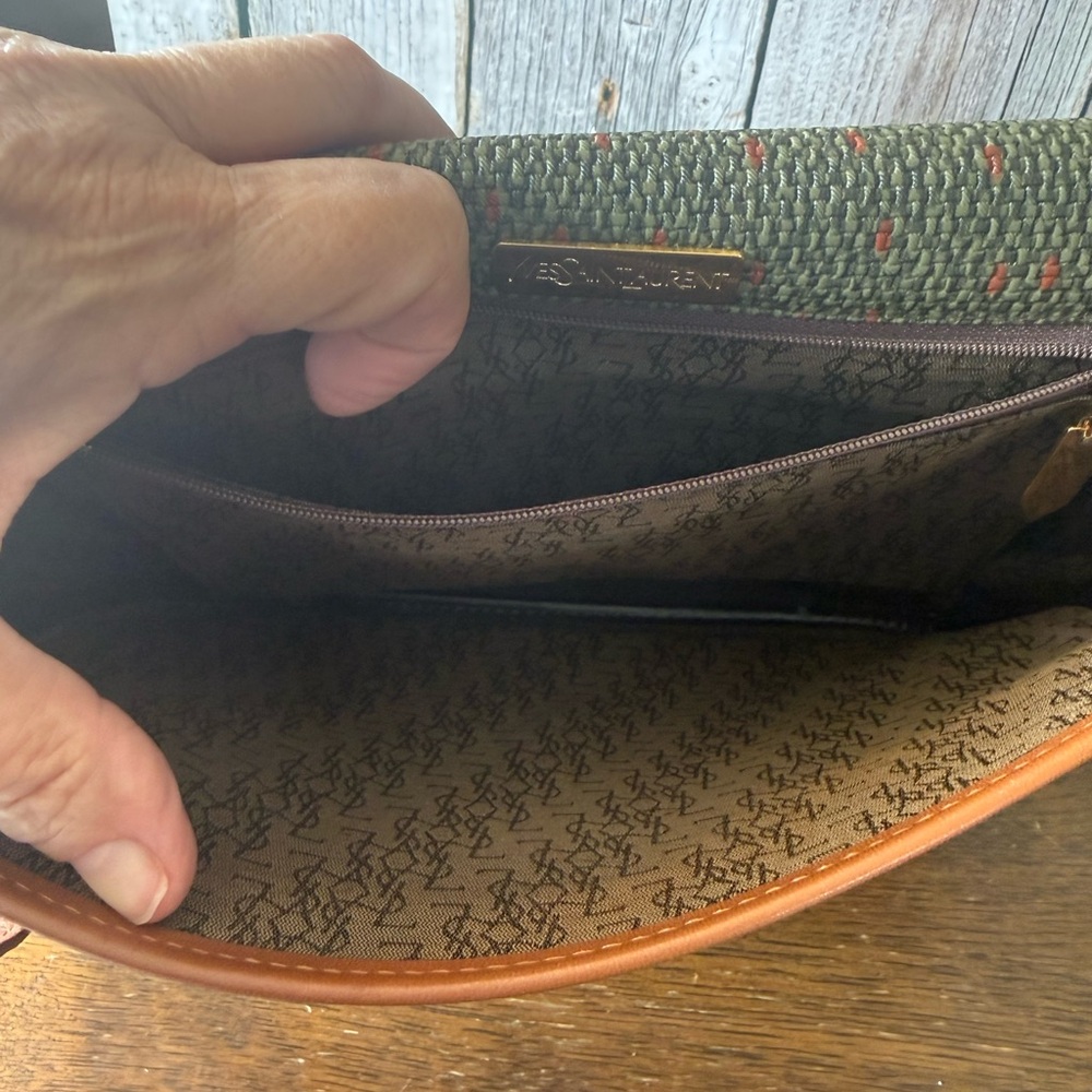 Yves Saint Laurent Olive Green Woven Crossbody with Tan Leather Trim - Picture 10 of 12